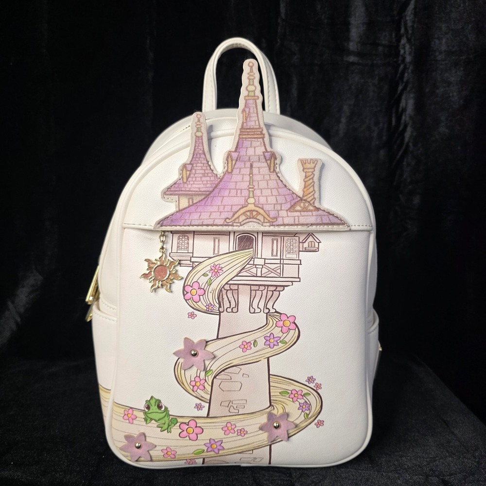 Loungefly Disney Tangled Rapunzel Tower Mini Backpack Cream Gold Sun Charm
